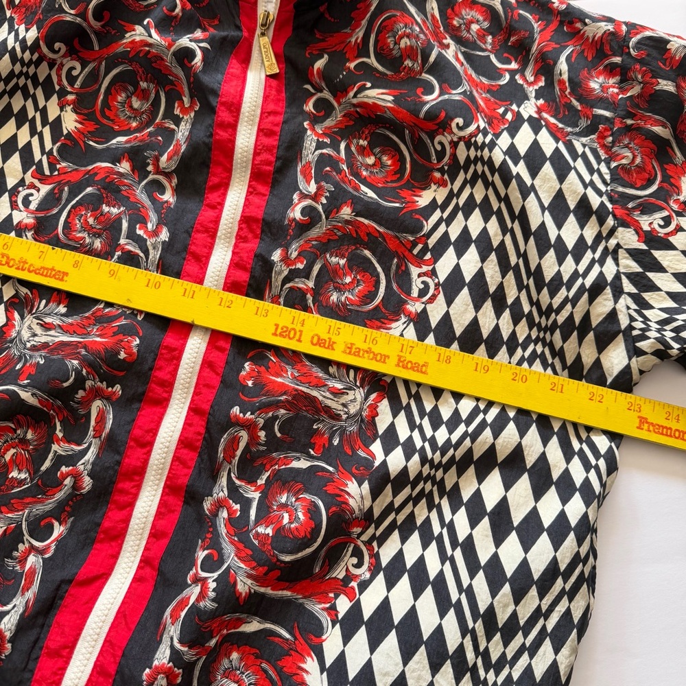 VTG Adolfo Red and Black Patterned Bomber Jacket Windbreaker Size S Zip - Picture 4 of 15